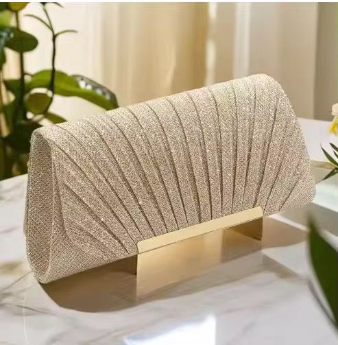 LAVIRO Luxury Gold Glitter Ruched Clutch Bag