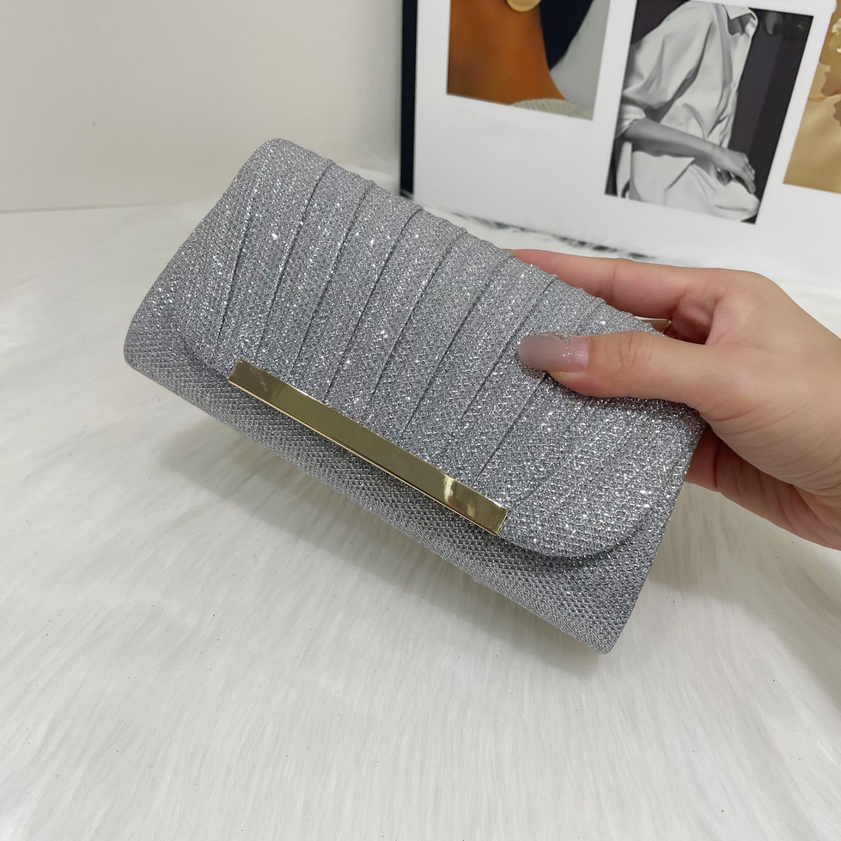 LAVIRO Luxury Gold Glitter Ruched Clutch Bag