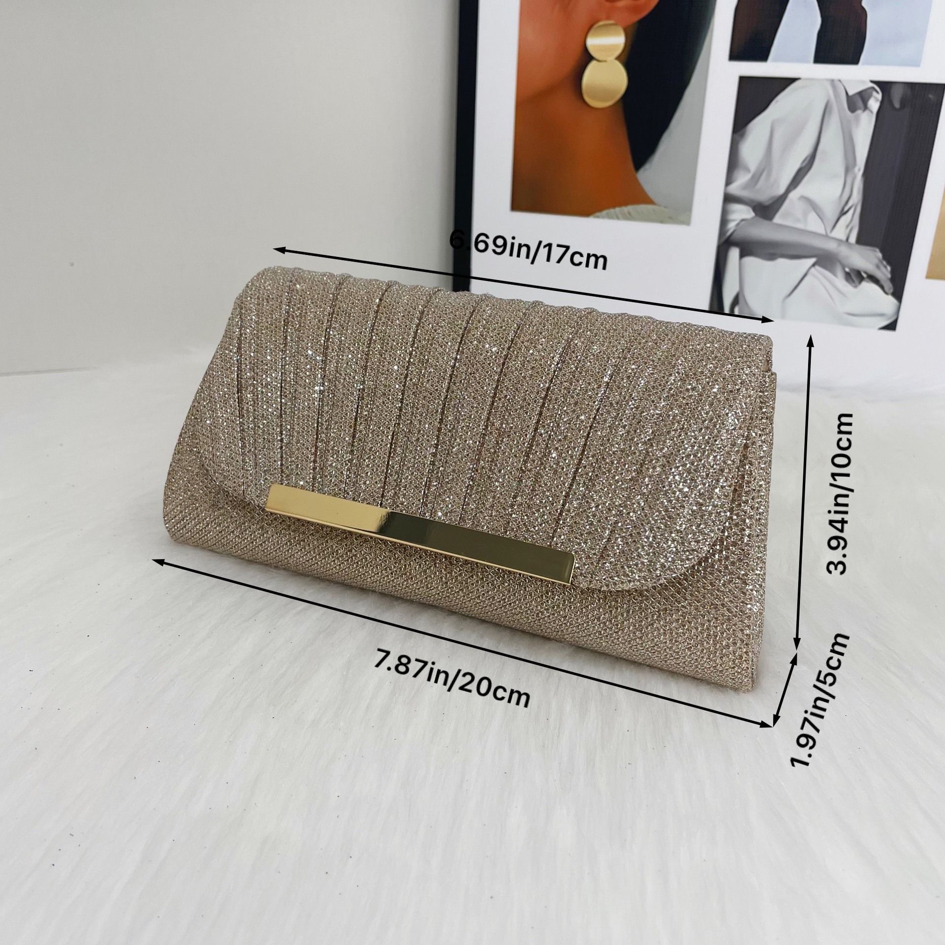 LAVIRO Luxury Gold Glitter Ruched Clutch Bag
