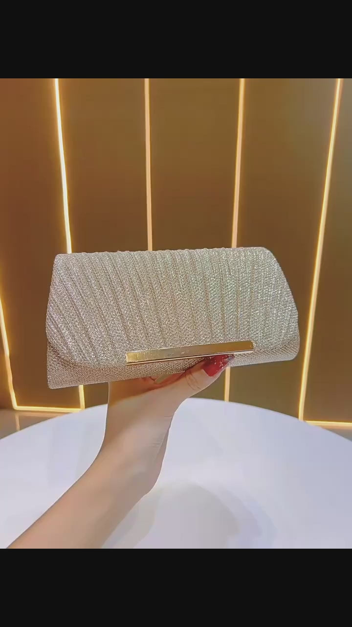 LAVIRO Luxury Gold Glitter Ruched Clutch Bag
